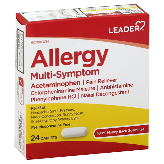 Leader Allergy Multi Symptom Relief Acetaminophen Pain Reliever Caplets, 24 Ea, 3 Pack