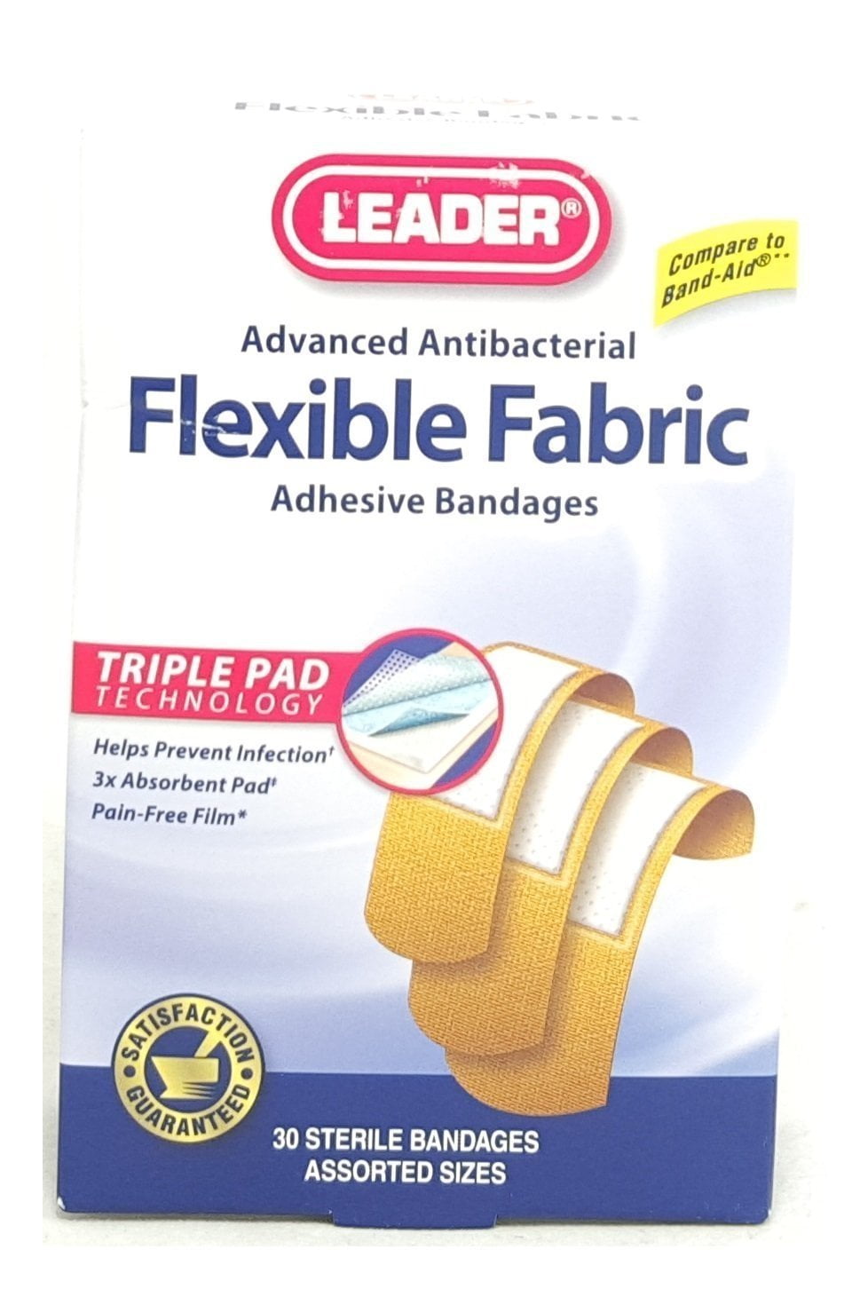 Leader Antibacterial Flexible Fabric Adhesive Bandages, Assorted Sizes, 30  Count Per Box