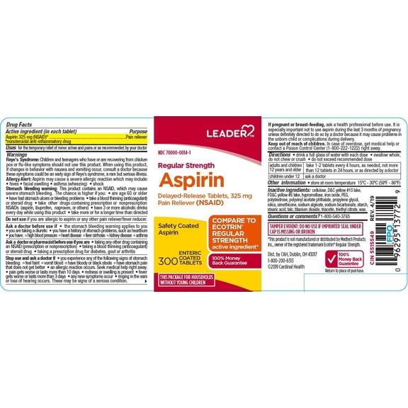 Leader Aspirin Delayed Release Tablets, 325mg, 300 Count