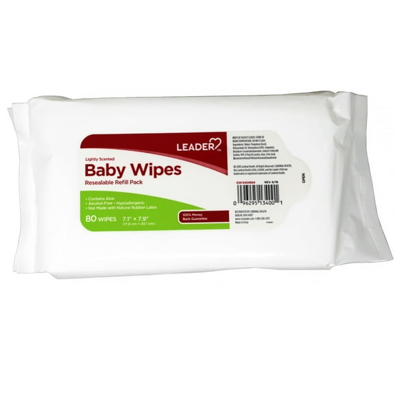 Leader Baby Wipes, Resealable Refill Pack, 7.1 x 7.9 (17.8 cm x 20.1 cm), Lightly Scented, 80 Count