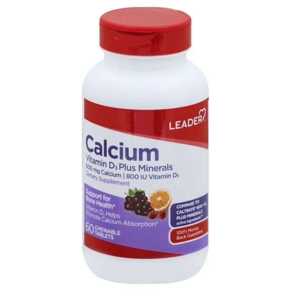 Leader Calcium Vitamin D3 Plus Minerals, Bone Health Supplement with Magnesium & Zinc, Supports Strong Bones & Teeth, Enhanced Absorption, Cherry, Orange & Fruit Punch Flavor, 60 Chewable Tabs