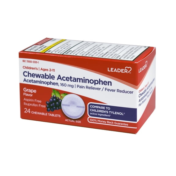 Leader Children's Acetaminophen Chewables, for Pain and Fever Relief, Grape Flavored, 24 Ct, Aspirin-Free Tablets