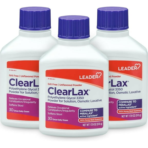 Leader ClearLax Laxative Powder for Gentle Constipation Relief, Grit-Free, Polyethylene Glycol, Osmotic Laxative, Stimulant-Free, Softens Stool, 30-Day Supply, 17.9 Ounce, 30 Doses (Pack of 3)