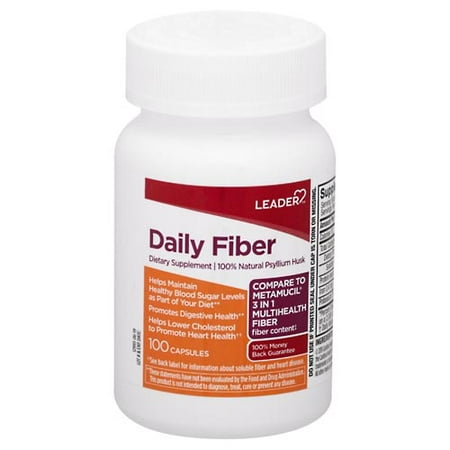 Leader Daily Psyllium Husk Powder Supplement, 3-in-1 Fiber for Digestive Health, Plant Based, 100% Natural, Compare to Metamucil Multihealth, 100 Capsules, Pack of 1