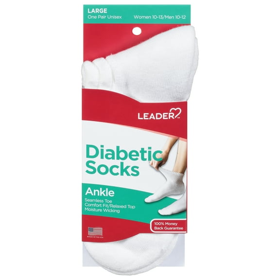 Leader Diabetic Sock Ankle White Large 1 Pair