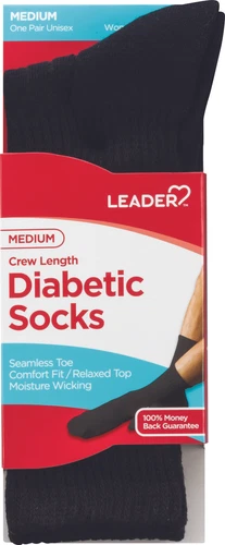 GROSSYGLOW Leader Diabetic Sock Crew Black Medium - 1 Pair Seamless Toe Comfort Fit