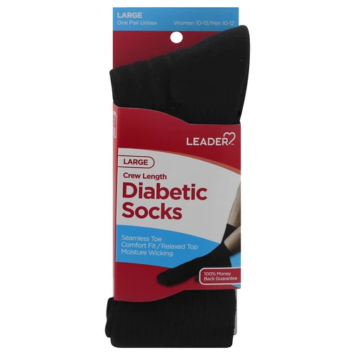 GROSSYGLOW Leader Diabetic Sock Crew Non-Binding and Moisture-Wicking Black Large 2 each