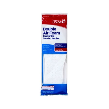 LEADER Double Air Foam Cushioning Comfort Insoles, Keeps Feet Cool & Dry, Extra Thick Dual Layer, for Men & Women, Women's Size 5-10, Men's 7-13 - 2 Pack