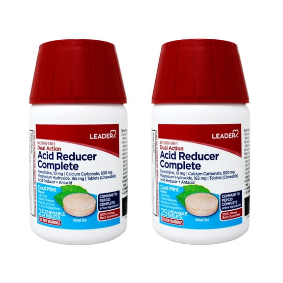Leader Dual Action Acid Reducer + Antacid Chewable Tablets Mint, 25 Count - 2 Pack