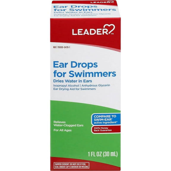 Leader Ear Drops for Swimmers, Dries Water in Ears, Isopropyl Alcohol 95%, All Ages, Compare to Swim-Ear, 1 fl oz