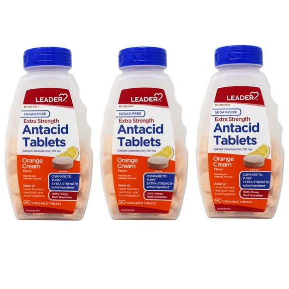 Leader Extra Strength Antacid 750 mg Chewable Tablets Orange Cream Sugar Free 90 Count - 3 Pack