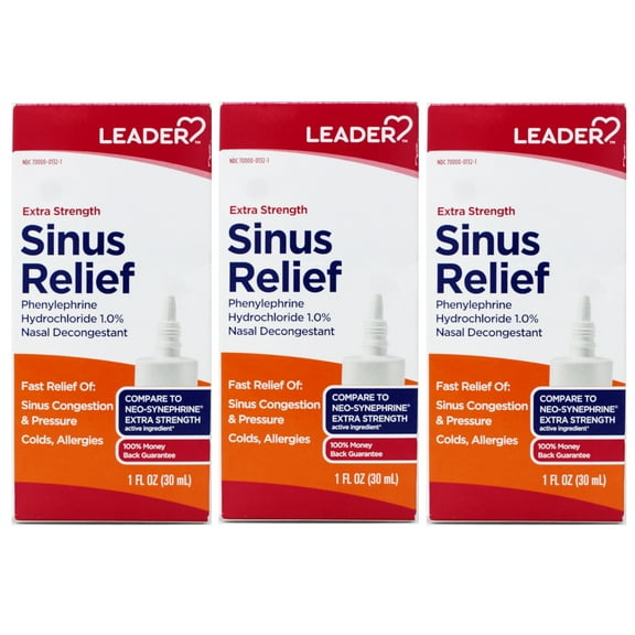 Leader Extra Strength Sinus Relief, Fast Acting, Sinus Decongestant, Nasal Congestion Relief Spray, Cold & Allergy 30 mL Bottle (Pack of 3)