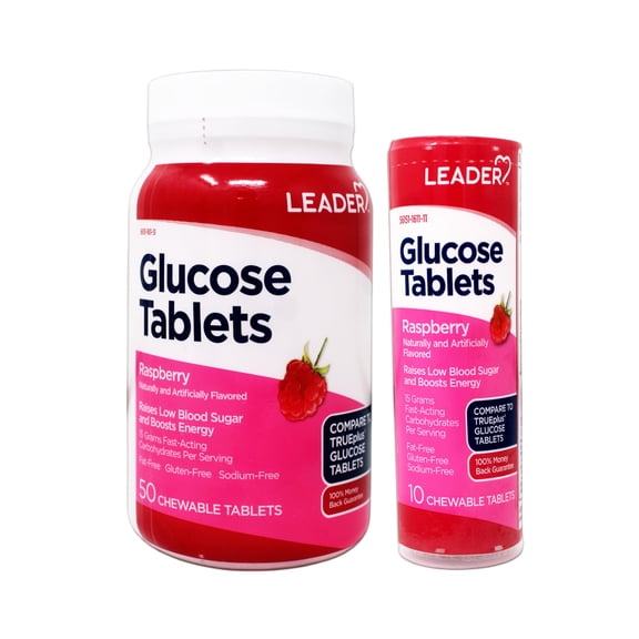 Leader Glucose Tablets, Fast Acting, Great Tasting, Fat-Free, Gluten-Free, Raspberry Flavor 50 Chewable Tablets with On-The-Go 10 Tablets Tube