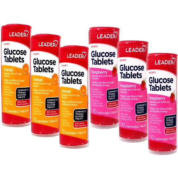 Leader Glucose Tablets, Fast Acting, On-The-Go, Raspberry and Orange Flavor, 6 x 10-Count Tubes