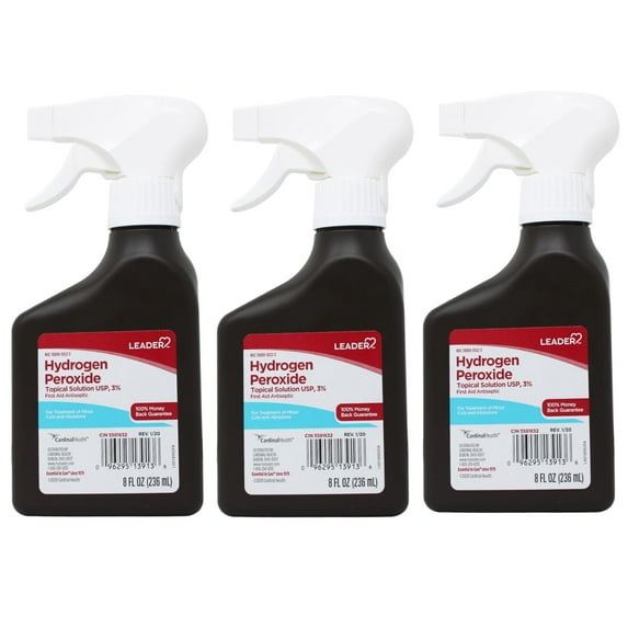 Leader Hydrogen Peroxide First Aid Antiseptic Topical Solution USP, 3% Spray Bottle 8 fl oz - 3 Pack