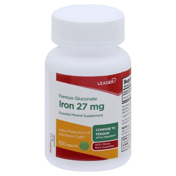 Leader Iron 27mg Tablets, Supports Energy and Red Blood Cell Health, 100 Ct