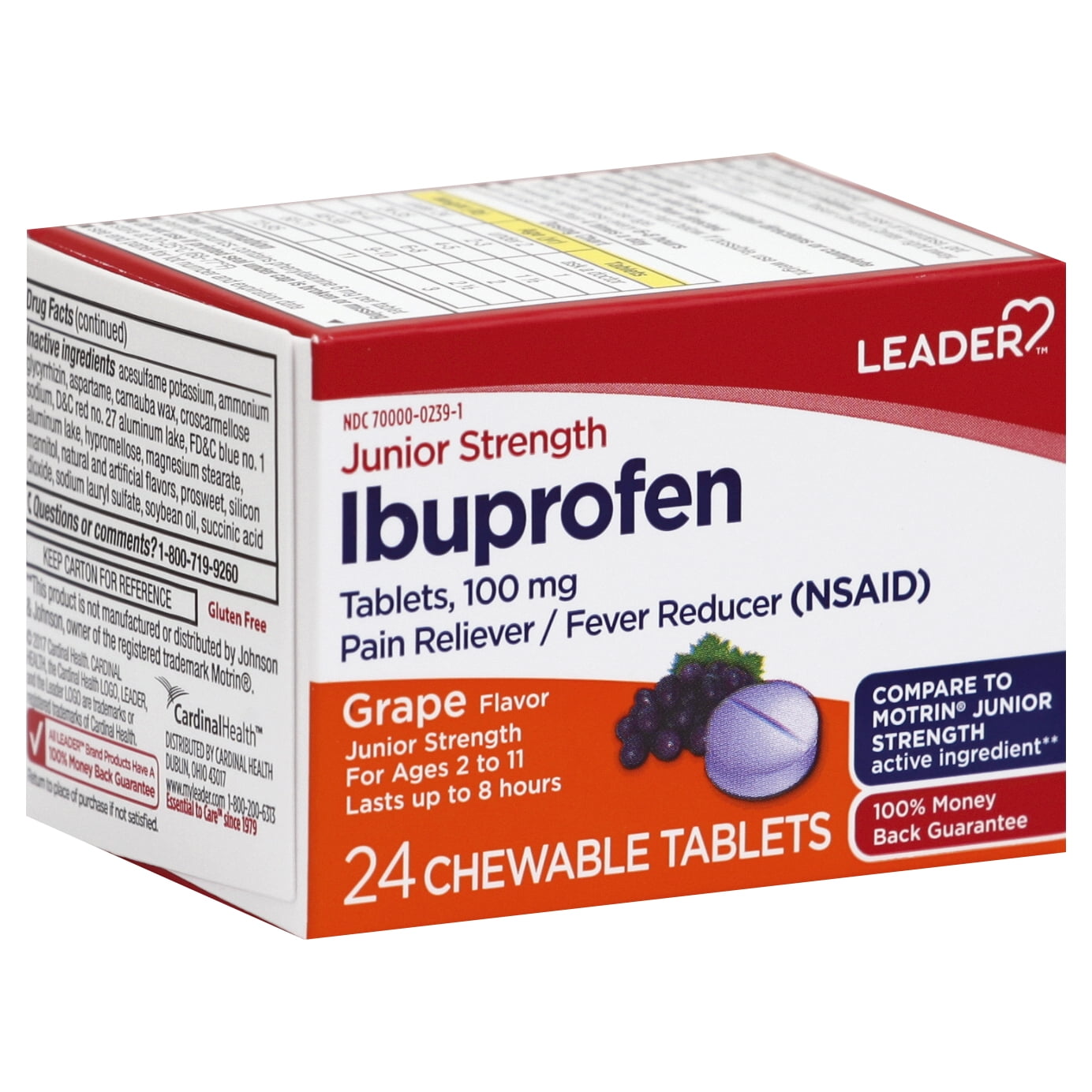 Leader Junior Ibuprofen Chewable Tablets, Pain Relief - Fever Reduction Grape, 24 Ct