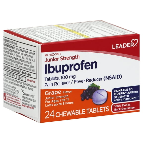Leader Junior Ibuprofen Chewable Tablets, Pain Relief - Fever Reduction Grape, 24 Ct