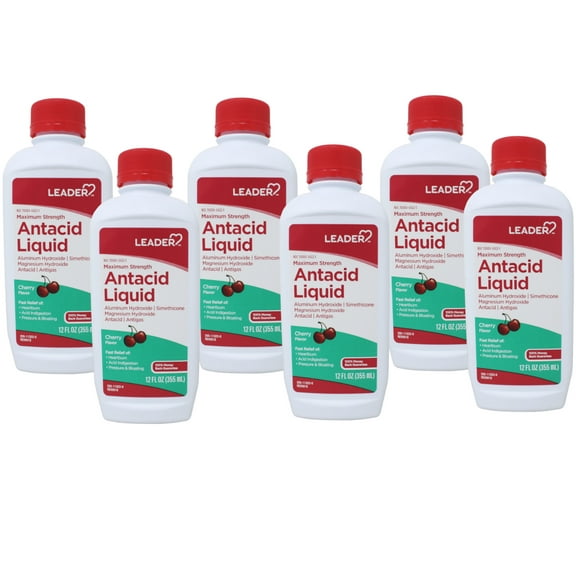 Leader Maximum Strength Antacid Liquid with Aluminum Hydroxide, Simethicone, Antacid/Antigas for Heartburn, Acid Indigestion, Pressure & Bloating, Cherry Flavor 12 FL oz - 6 Pack