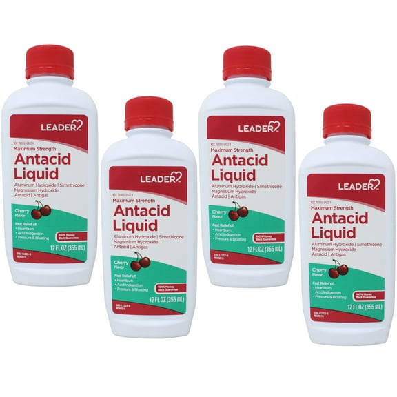 Leader Maximum Strength Antacid Liquid with Aluminum Hydroxide, Simethicone, Antacid/Antigas for Heartburn, Acid Indigestion, Pressure & Bloating, Cherry Flavor 12 FL oz - 4 Pack