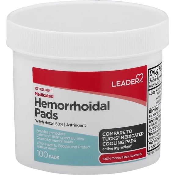 Leader Medicated Hemorrhoidal Pads with Witch Hazel 50% Astringent Relief 100 Count