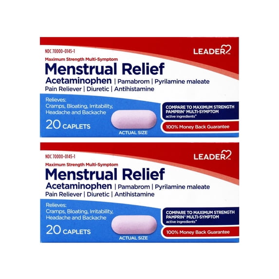 Leader Maximum Strength Multi-Symptom Menstrual Relief Caplets Acetaminophen 20 Count (Pack of 2)