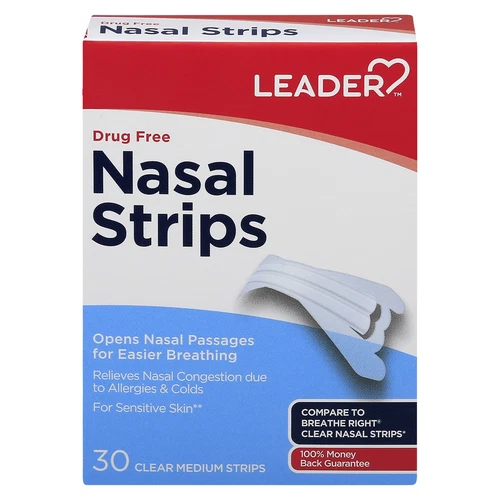 Leader Nasal Strips Medium Clear Opens Nasal Passages Drug Free 30 Ct