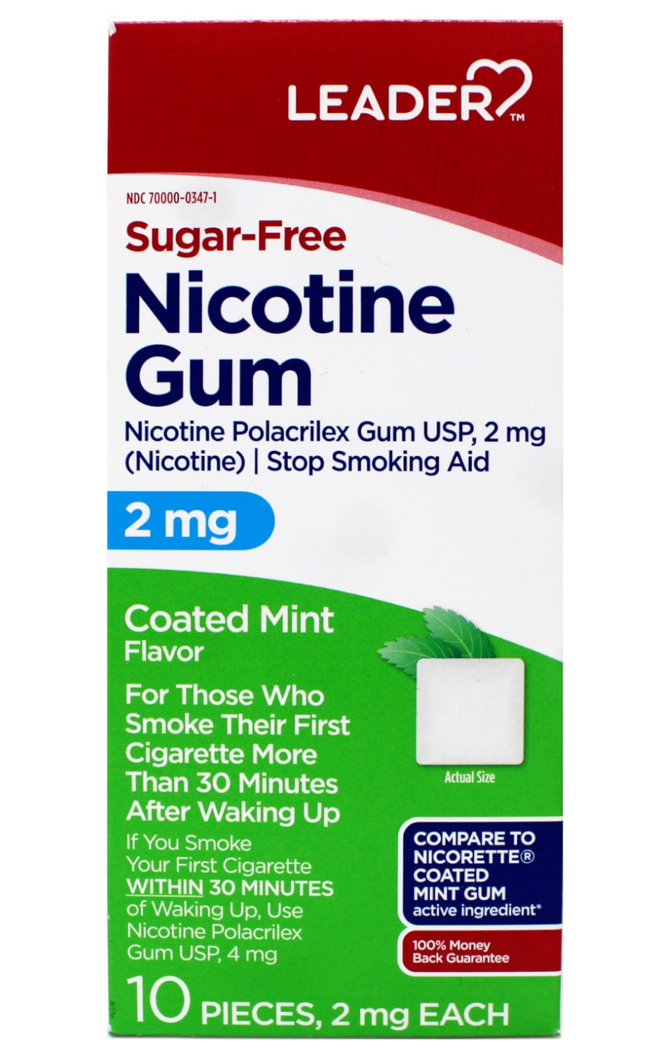 SILVER ROD PHARMACY LEADER Nicotine Gum Stop Smoking Aid, 2 mg Nicotine, Sugar-Free, Coated Mint Flavor, 10 Count