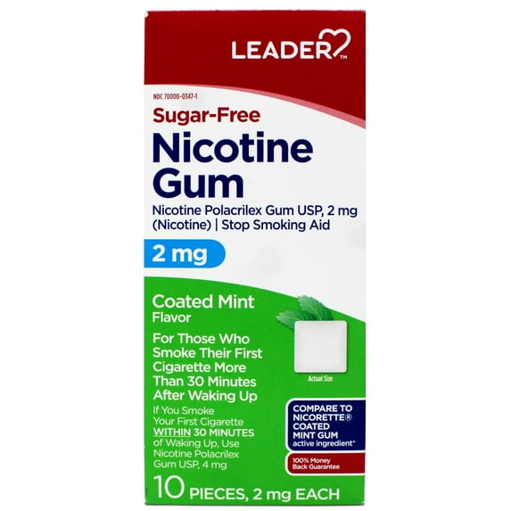 LEADER Nicotine Gum Stop Smoking Aid, 2 mg Nicotine, Sugar-Free, Coated Mint Flavor, 10 Count