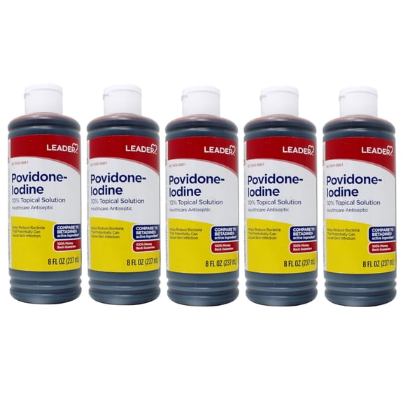 Leader Povidone Iodine 10% Prep Solution USP, First Aid Antiseptic Wound Cleanser, Wound Wash, Antiseptic Soap (8 Fl Oz, Pack of 5)