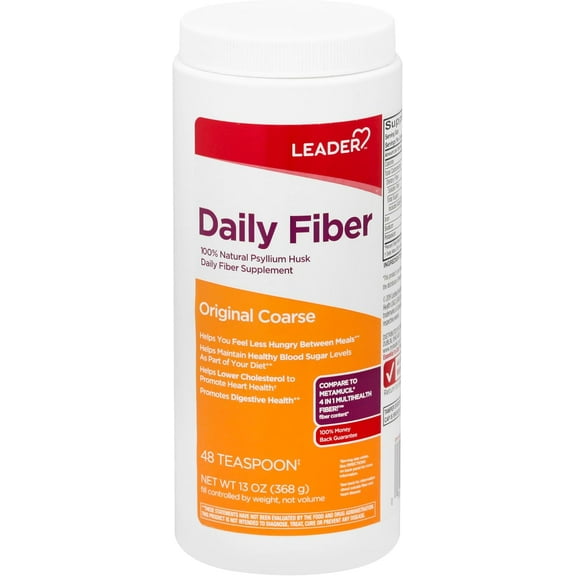 Leader Psyllium Husk Powder Supplement 4-in-1 Fiber for Digestive Health, Plant Based 100% Natural Psyllium Husk Daily Fiber, Gluten Free, Non-GMO, Compare to Meta-mucil Multihealth (13 OZ)