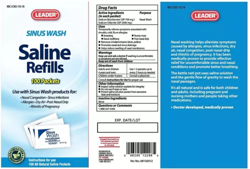 Leader Sinus Wash Saline Refill Packets 100 ct 0.1 fl oz Natural Packets 2 Pack