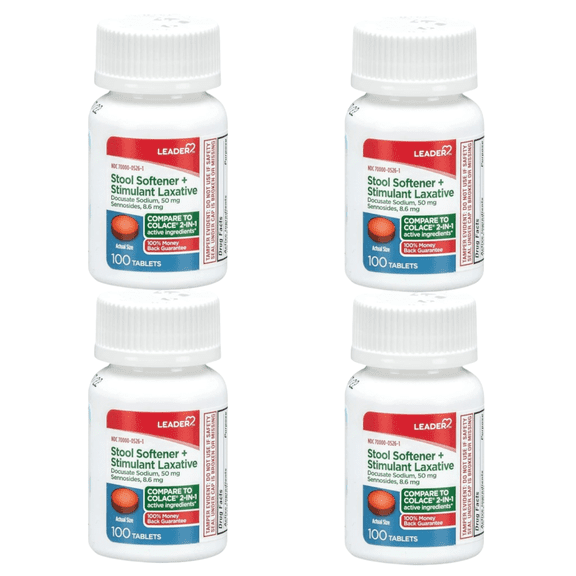 LEADER 2-in-1 Stool Softener & Stimulant Laxative, Docusate Sodium 50mg, Sennosides 8.6 mg, Gentle Occasional Constipation Relief for Adults, Both Men & Women, & Children Ages 6+, 100 tablets 4-Pack