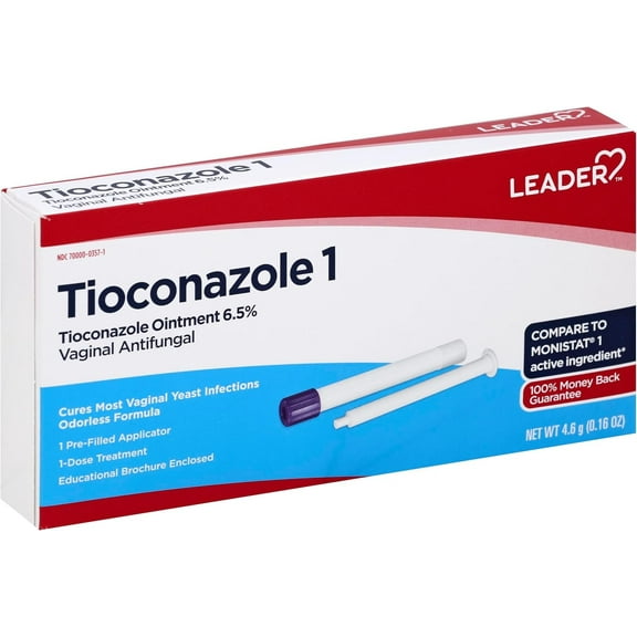 Leader Tioconazole 1-Day Vaginal Antifungal Odorless Ointment Disposable Applicator, Cures Most Yeast Infections