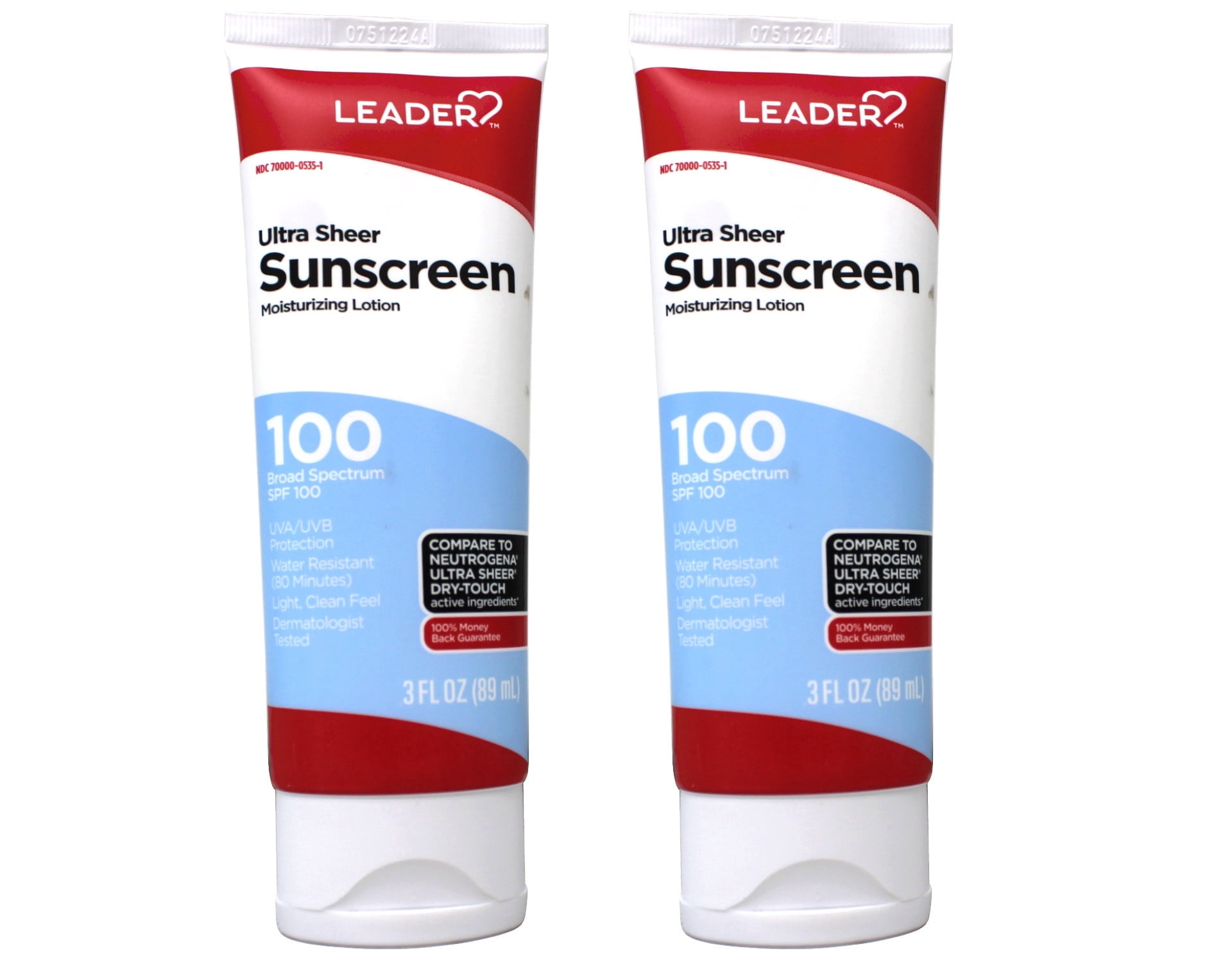 LEADER Travel Sunscreen SPF 100+, Ultra Sheer Dry-Touch Water Resistant and Non-Greasy Lotion with Broad Spectrum SPF 100+, 3 Fl Oz (Pack of 2)