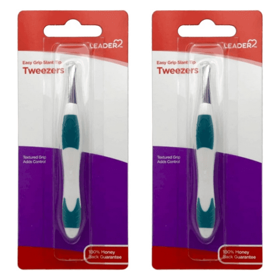 LEADER Tweezers Slant Tip Precision, Easy Grip, Non-Slip Rubber, Stainless Steel, Great Precision for Eyebrows, Facial Hair, Splinter and Ingrown Hair Removal - 2 Pack