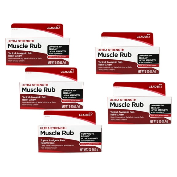 Leader Ultra Strength Muscle Rub, Fast-Acting, Topical Analgesic Pain Relief Cream for Sore Muscles and Joints, 2 OZ - 5 Pack