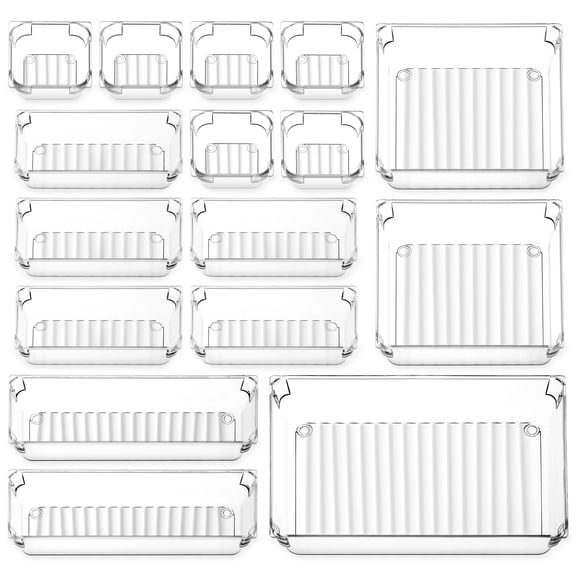 LeaderPro 16 Pcs Desk Drawer Organizers Set, 5 Sizes Clear Vanity Drawer Organizers and Storage Bins, Makeup Organizer for Bathroom and Kitchen