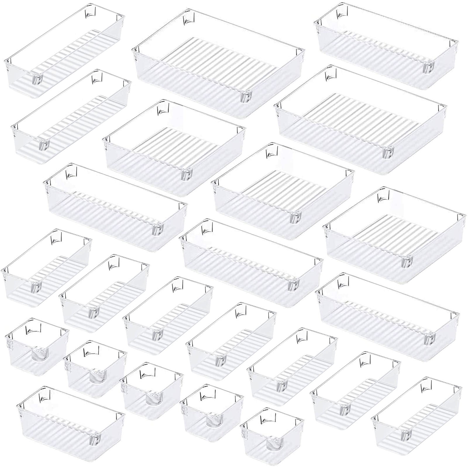 LeaderPro 24Pcs Clear Drawer Organizer Desk Tray Set 5 Different Size Versatile Drawer Storage