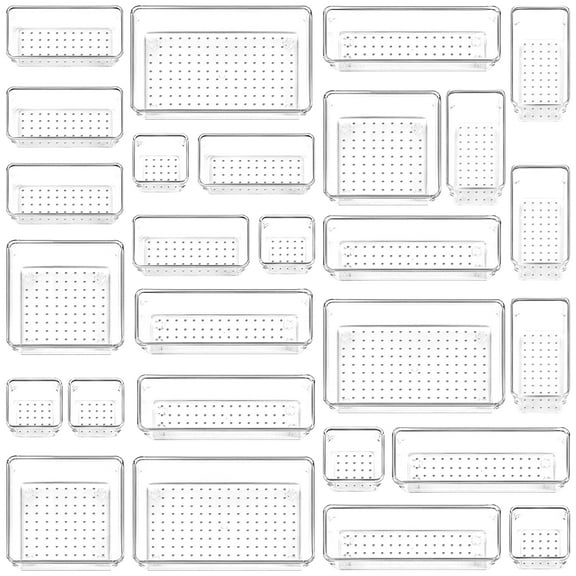 LeaderPro 27 Pcs Desk Drawer Organizer Trays with 5 Different Sizes Versatile Clear Drawer Organizers Storage