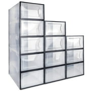 LeaderPro Clear Shoe Ogranizer for Closet,Shoes Boxes Bins Stackable,Folding Shoe Sneaker Containers Storage Box Rack with Lids 12 Pack
