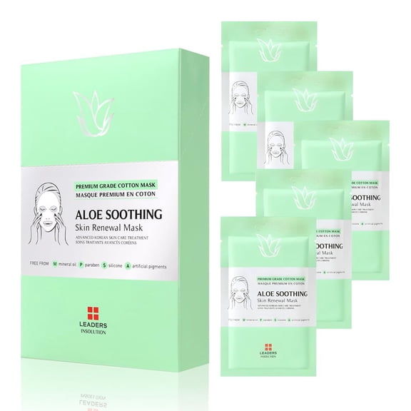 Leaders Insolution Aloe Soothing Skin Renewal Mask | Organic Aloe Leaf & Cactus Extract Hydrating Facial Treatment for Sensitive, Dry, Acne-Prone Skin | UV Repair & Hydration Boost (5 Sheets)