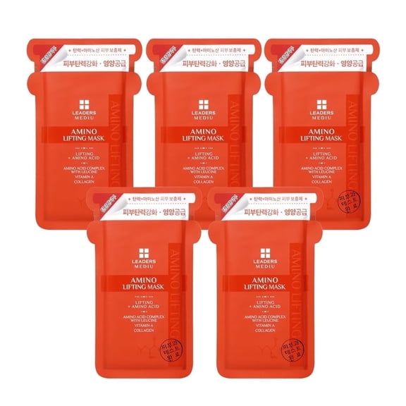 Leaders Mediu Amino Firming & Lifting Facial Sheet Mask | Amino Acid Complex, Vitamin A, Collagen | Reduces Fine Lines, Improves Elasticity, for All Skin Types (5 Sheets)