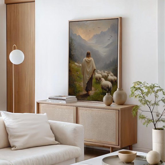 Leading His Flock Good Shepherd Wall Art, Pastoral Mountain Scene Christian Religious Illustration, Faith Inspired Home Decor, Size 24x36, Unframed Poster