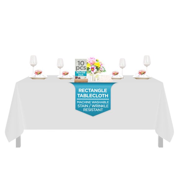Leading Linens 10 pc 90x156 Inch Rectangle White Polyester Tablecloths - Stain & Wrinkle Resistant Washable Dining Table Cover for Wedding Reception Banquet Party Event