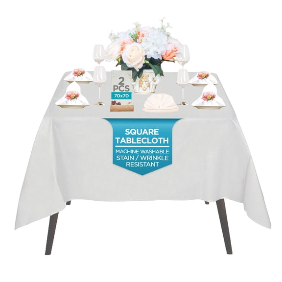 Leading Linens 2 pc 70x70 Inch Square White Polyester Tablecloths - Stain & Wrinkle Resistant Washable Dining Table Cover for Wedding Reception Banquet Party Event