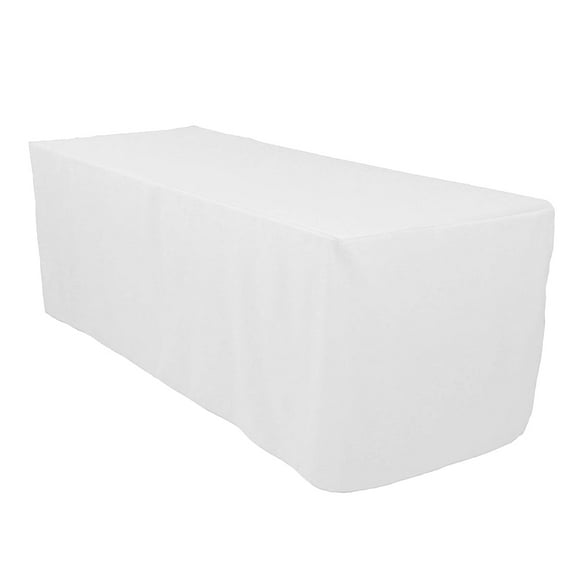 Leading Linens 4 ft Rectangular Fitted White Polyester Tablecloth - Stain & Wrinkle Resistant Washable Dining Table Cover for Wedding Reception Banquet Party Event