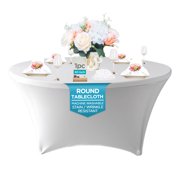 Leading Linens 60 Inch Round White Spandex Tablecloth - Stain & Wrinkle Resistant Washable Stretch Tight Dining Table Cover for Wedding Reception Banquet Party Event