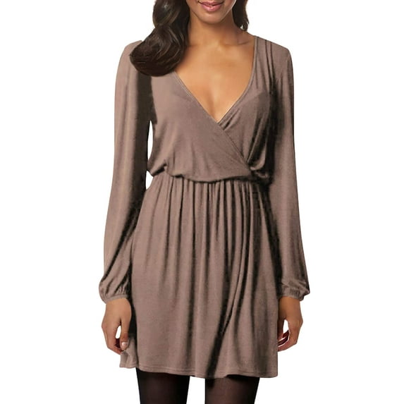 Leadingstar Women Solid Long Sleeve Elastic Waist Wrap V-Neck Fit Flare Dress Burgundy L