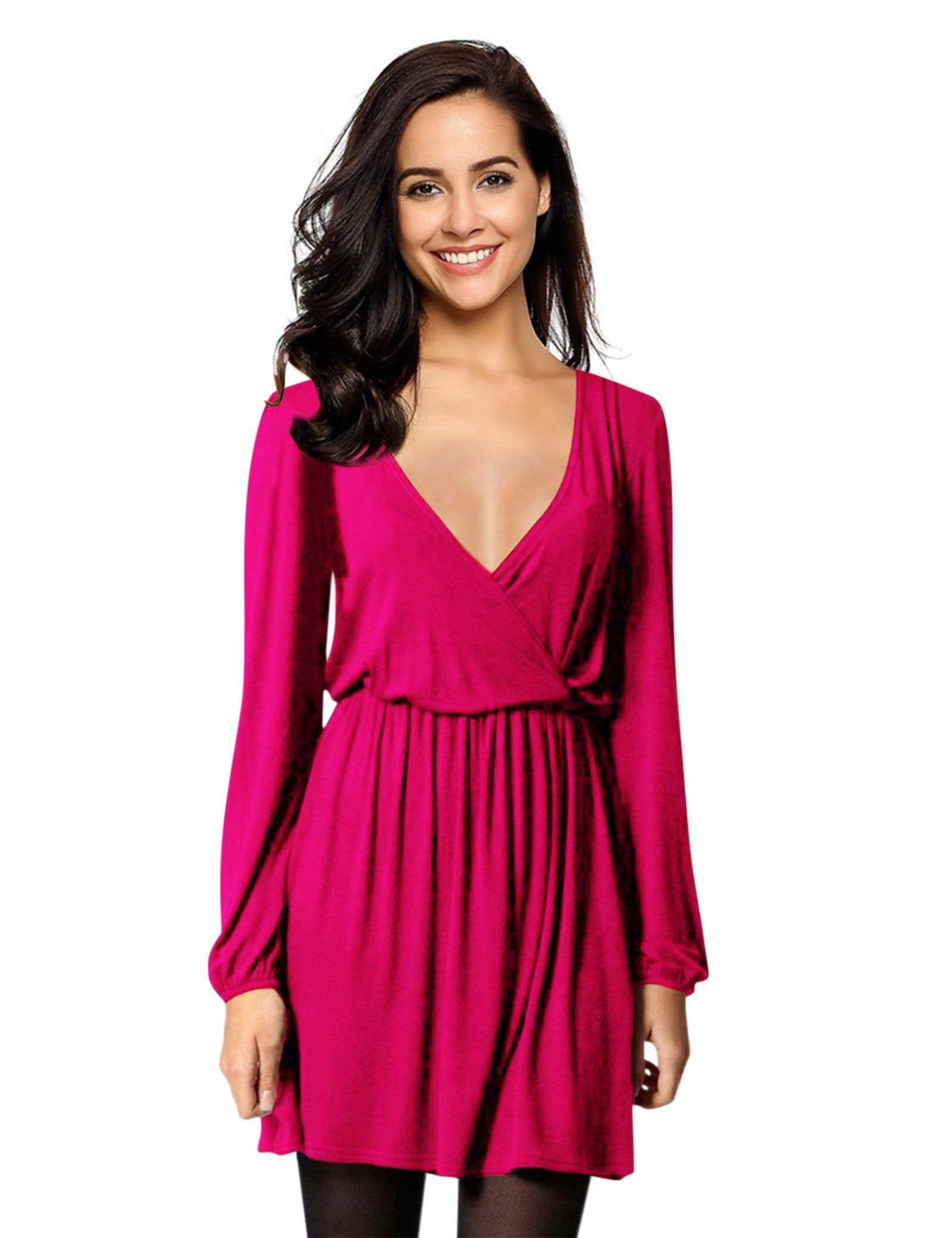 Leadingstar Women Solid Long Sleeve Elastic Waist Wrap V-Neck Fit Flare  Dress Burgundy L - Walmart Business Supplies